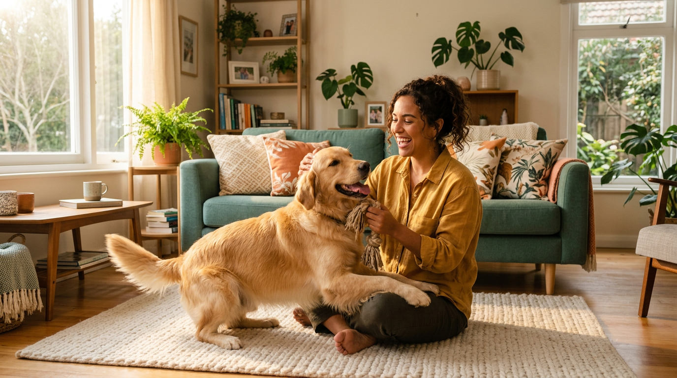 Pessoa feliz brincando com um cachorro em casa